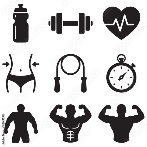Set of 9 Solid Fitness and Bodybuilding Icons: Dumbbell, Heart Rate, Weight Loss, Jump Rope, and Muscle Man Silhouettes