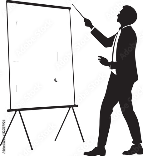 Black silhouette of a professional giving a presentation in front of a board, clean straight lines, high-contrast flat vector design on white background