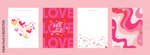 Set of four vibrant, modern Valentine's Day vertical cards or poster templates with colorful hearts, bold typography, and abstract pink wave patterns.