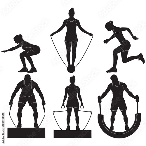 Set of Six Fitness Action Silhouettes: Squat, Running, Jump Rope, and Resistance Band Training for Men and Women