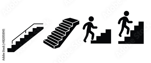 “Stairs and Steps Movement Icons Set – Walking Silhouettes, Railing and Staircase Vector Collection”