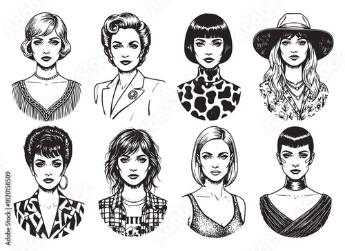 Monochrome set of eight female portrait busts showcasing various fashion eras from the 1920s to modern times. Detailed ink sketch illustration for beauty, history, and style concepts.