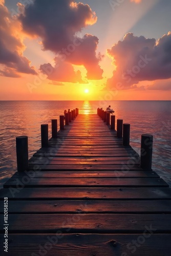Rustic wooden pier stretches into calm ocean water at sunset Perfect for travel, vacation, or coastal themed projects Tranquil scene with beautiful natural light , beautiful, landscape, pier