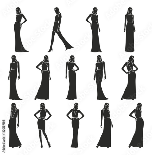A monochrome set of fifteen elegant female silhouettes wearing long, flowing evening gowns in various poses. A stylish fashion and beauty collection for glamour and formal wear concepts.