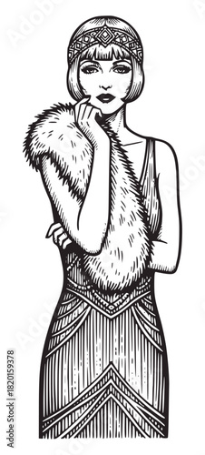A monochrome flapper portrait wearing a fur stole, beaded dress, and jeweled headband, capturing the glamour and style of the 1920s. Detailed ink sketch illustration.