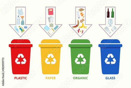 Trash can on white background. Colorful trash can recycle organic illustration. Modern design of garbage segregation recycling template editable for brochure, poster, banner, advertise