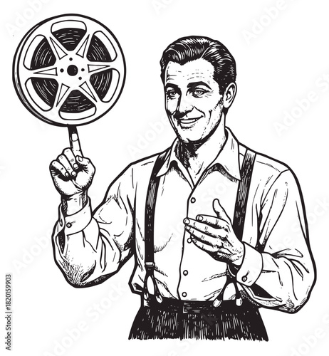 Black and white vintage illustration of a friendly man in suspenders balancing a large film reel on his finger. Represents classic cinema, storytelling, film production, and entertainment professional