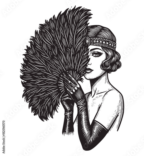 Black and white vintage illustration of a glamorous 1920s flapper/dancer in a sequined headband, black gloves, and holding a large, dramatic feather fan to conceal her face.