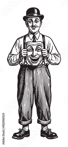 Black and white vintage illustration of a joyful man in a bowler hat and suspenders, holding a large mask depicting a wide, happy smile. Represents comedy, theater, performance, and emotion.