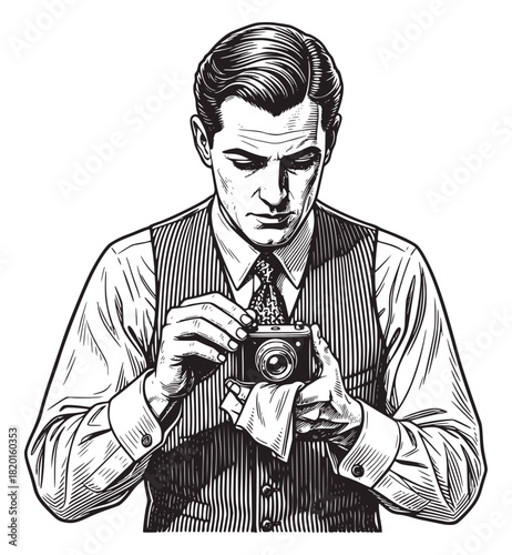 Black and white vintage illustration of a focused man in a vest and tie carefully cleaning the lens of a small, classic film camera. Represents photography, journalism, and meticulous professional wor
