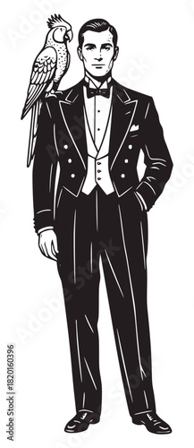 Full-length black and white vintage illustration of a distinguished gentleman in a tuxedo and bow tie, with a parrot perched on his shoulder. Represents classic elegance, entertainment, and a unique s