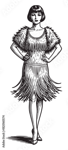 Full-length black and white vintage illustration of a confident flapper in a short bob, fur shawl, and classic fringe dress, hands on hips. Represents $1920s$ fashion, style, and empowerment.