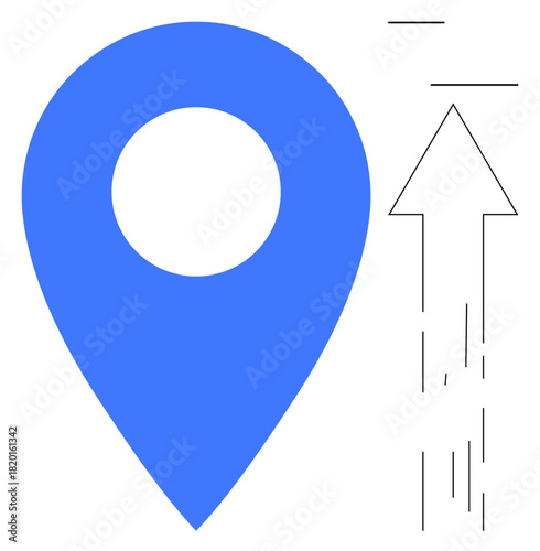 Blue location pin with hollow center and upward arrow with motion lines. Ideal for navigation, progress, business growth, goals, innovation, success, and direction. Simple flat metaphor