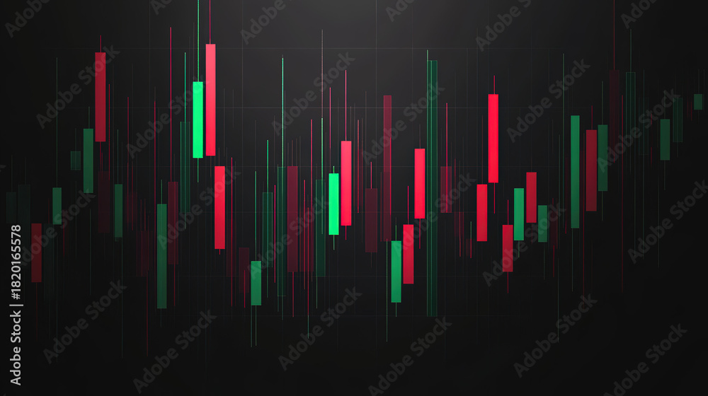 Obraz premium Thin red and green candlesticks floating on black with wide blank space for educational or commercial finance use.
