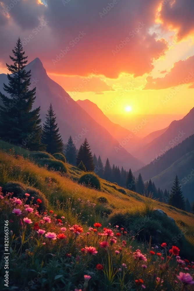 Obraz premium Serene landscape at sunrise, conveying a sense of peace and spiritual awakening; perfect for illustrating concepts of inner peace, mindfulness, and achieving life goals , clouds, peaceful