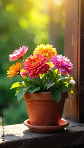 Vibrant blooming flowers overflowing from a charming terracotta flowerpot, bathed in soft sunlight Perfect for spring, summer, gardening, and home decor themes , natural, plant, life