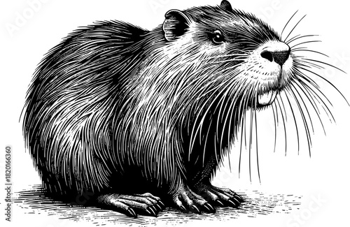 Graphic muskrat illustration with thick fur and whiskers in monochrome. Muskrat illustration shows a rodent with detailed engraving and intricate linework.