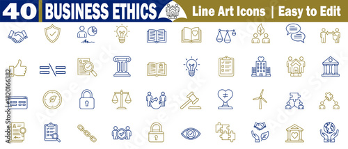 Business ethics line art icons, easy-to-edit vector handshake, and protection shield vector illustrations. 