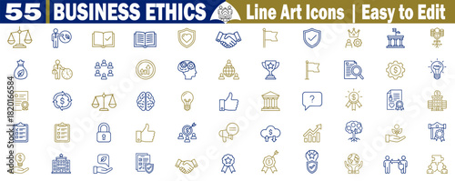 Business ethics line art icons, easy-to-edit vector bag, money, and partnership with more illustrations. 