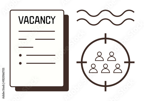 Vacancy form alongside a group of individuals inside a focus target. Ideal for HR, hiring, job search, recruitment, team selection, workforce management, and opportunity. Simple flat metaphor