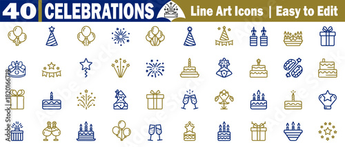 Celebrations line art icons, easy-to-edit vector fireworks, and cake graphic vector illustrations. 