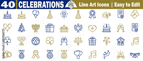 Celebrations icons line art design with cake, balloons, gift, firework, trophy, and other symbols.