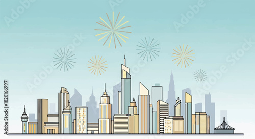 Fireworks Display Above a Modern City Skyline Depicting Celebration and Urban Development