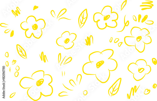 Playful yellow hand-drawn flower doodles scattered on a clean white background, creating a cheerful seamless pattern perfect for stationery, fabric, and digital design.
