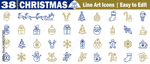 Thirty-eight Christmas winter line art icons are easy to edit for holiday, festive, and celebration vector illustrations. 