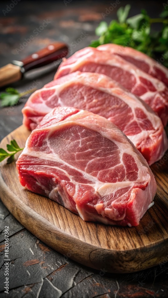 Fototapeta premium Heres the expanded metadata A raw cut of pork meat, freshly trimmed and ready for cooking, revealing its natural marbling and subtle texture