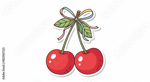 Delicious Ripe Cherries Tied With a Pretty Ribbon and Leaves, A Sweet Treat Symbolizing Summer Delight