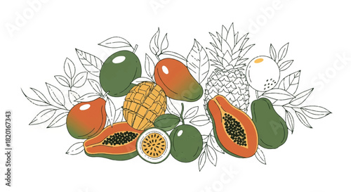 Exotic Tropical Fruits Arrangement Mango, Papaya, Pineapple, Passion Fruit, Avocado and Leaves