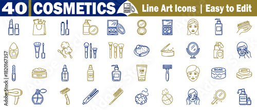 Cosmetics collection icons represent various care and beauty outline elements for design use and illustration. 