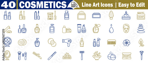 The cosmetics line icons set presents different care and beauty outlines, elements for use as vector elements. 