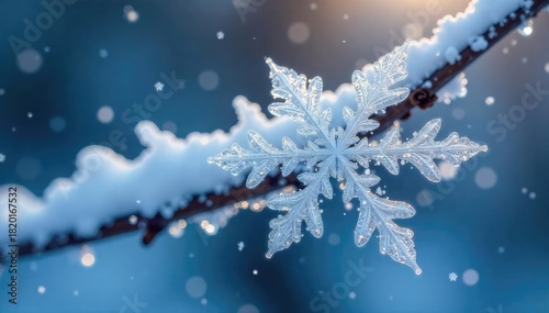 Close-up of intricate ice crystals forming a delicate snowflake on a snowy branch, winter wonderland scene , winter, intricate