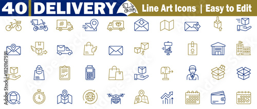 Forty delivery line art icons, easy to edit for logistics, shipping, and distribution vector illustrations. 