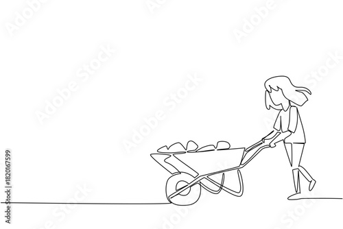 Continuous line drawing of a girl pushing a wheelbarrow filled with stones, representing struggle, labor, and strength in a humanitarian awareness concept for World Day Against Child Labor campaign.