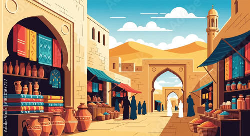 Colorful illustration of a bustling ancient city souk with merchants and shoppers in a desert landscape