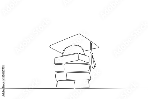 Single line drawing of stacked bricks with a graduation cap on top, symbolizing hard work, labor, and under age worker to pursue high level education concept for World Day Against Child Labor.