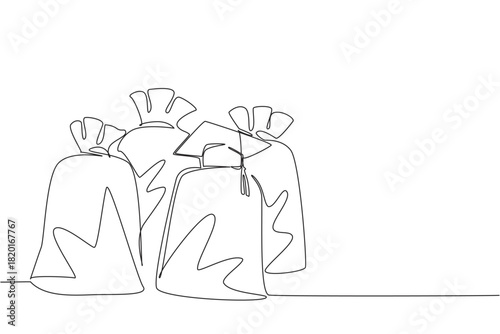 Continuous line drawing of bags with one wearing graduation cap, symbolizing transformation through education, equality, and hope in a humanitarian awareness concept for World Day Against Child Labor