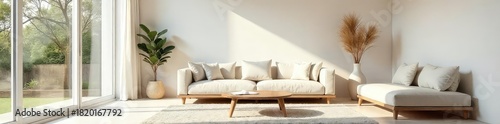 Serene minimalist living room featuring a neutral color palette, simple furniture, and natural light The space is uncluttered and evokes a sense of calm and tranquility , hygge, apartment, room
