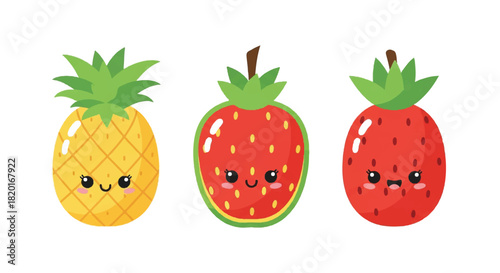 Three Kawaii Fruits Adorable Pineapple and Strawberries with Cute Smiling Faces