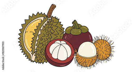 Vibrant illustration of a bountiful collection of exotic tropical fruits, including durian, mangosteen, and rambutan, showcasing their unique textures and colors