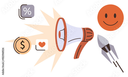 Megaphone emitting sound waves, surrounded by happy face, coin, heart, percentage, and rocket. Ideal for marketing, advertising sales growth branding positivity communication. A simple flat
