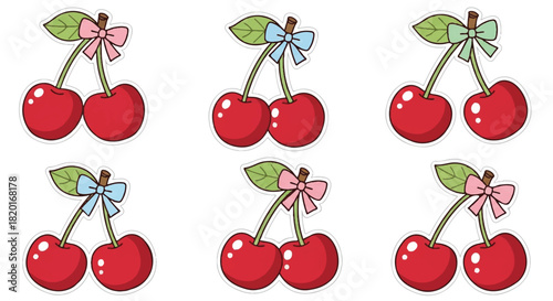 Charming Cherry Clusters A Delightful Collection of Sweet, Adorned Fruits with Bows and Leaves