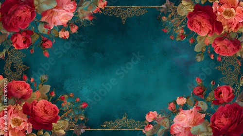 Ornate floral frame with deep teal background creates an elegant border design