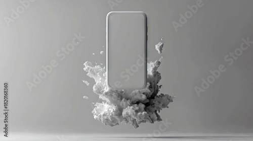 A modern smartphone with a blank screen is depicted emerging from a dynamic, abstract cloud-like formation. The composition is minimalist and monochromatic, set
