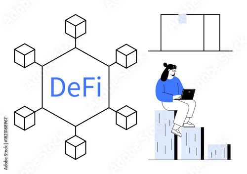 Hexagonal blockchain network structure labeled DeFi alongside a woman sitting on blocks working on her laptop. Ideal for blockchain, fintech, financial analysis, technology, investment