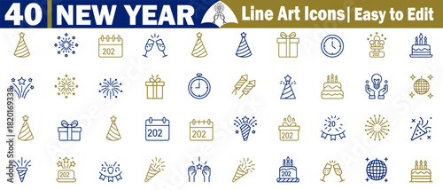 Celebratory icons set embodying festive spirit, happy new year, linear art icons, and easy-to-edit vector illustrations. 