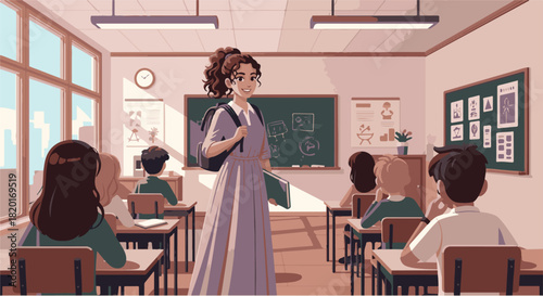 A teacher with a backpack and a book stands confidently in a brightly lit classroom, facing her students who are seated at their desks